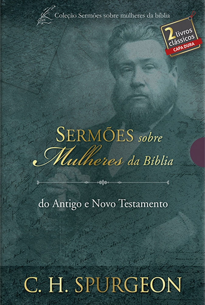 Box de livros "Sermões Sobre Mulheres da Bíblia" de C. H. Spurgeon, capa escura com retrato do autor. — Plenitude