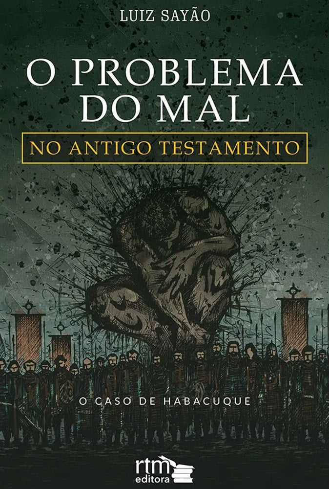 Livro: O Problema do Mal no Antigo Testamento, Luiz Sayão, capa escura com ilustração de multidão — Plenitude