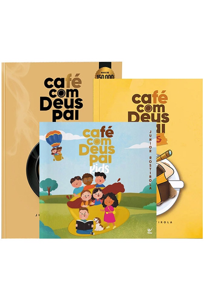 Kit de 3 livros "Café com Deus Pai" de Junior Rostirola, capas em tons de bege e amarelo, com ilustrações infantis. — Plenitude