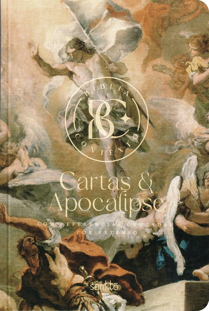 Capa dura da Bíblia Contexto, volume Cartas & Apocalipse (NVT), com pintura clássica de anjos e figuras bíblicas. — Plenitude.
