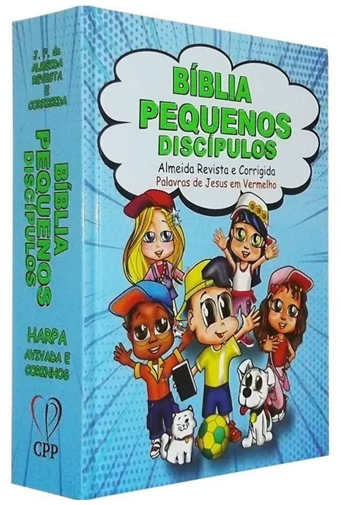 Bíblia Pequenos Discípulos ARC, capa dura azul com personagens infantis. — Plenitude