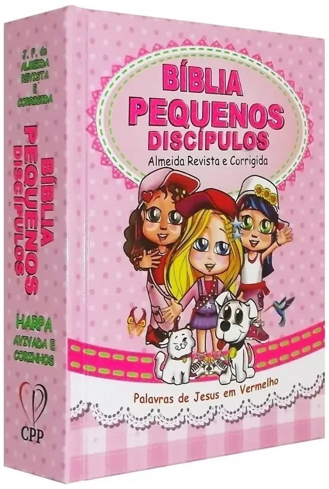 Bíblia Pequenos Discípulos ARC, capa dura rosa com personagens infantis. — Plenitude