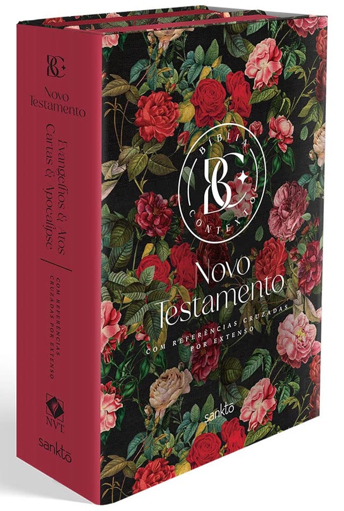 Kit Bíblia Contexto Novo Testamento NVT Capa Dura Floral, capa preta com rosas vermelhas e folhas verdes. — Plenitude