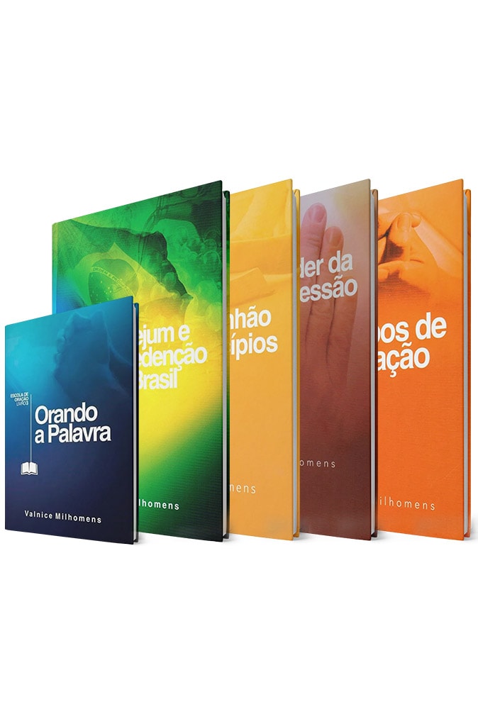 Kit Escola de Oração | Valnice Milhomens, com cinco livros de capa mole, em tons de azul, verde, amarelo, marrom e laranja. — Plenitude