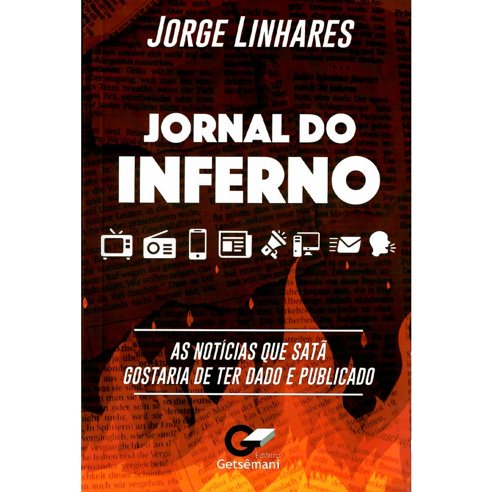 Livro de capa mole "Jornal do Inferno" de Jorge Linhares, com título em destaque e ícones de mídia sobre fundo de jornal. — Plenitude