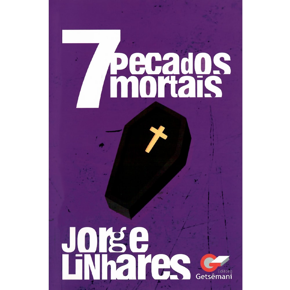 Livro Sete Pecados Mortais, capa roxa com ilustração de caixão preto e cruz dourada. — Plenitude