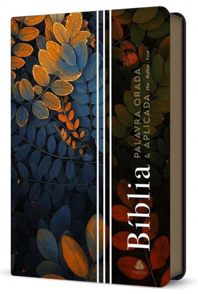 Bíblia Palavra Orada e Aplicada NBV, capa dura com folhas em tons de azul e laranja, detalhes em branco. — Plenitude