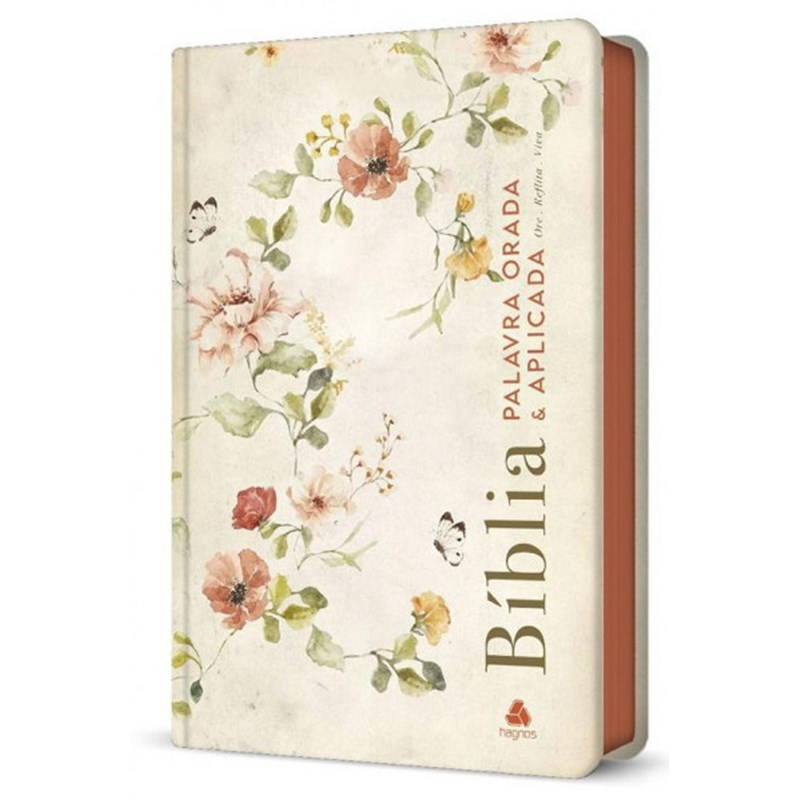 Bíblia Palavra Orada e Aplicada NBV, capa dura creme com flores e borboletas. — Plenitude