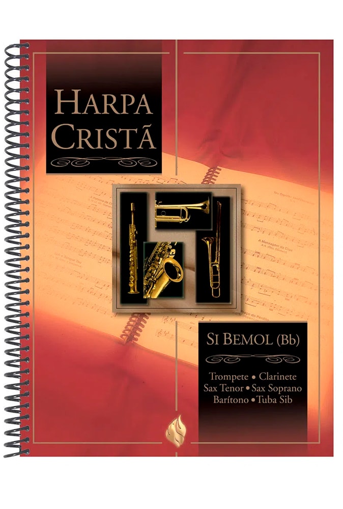 Livro Harpa Cristã Si Bemol (Bb), capa vermelha com instrumentos musicais. — Plenitude