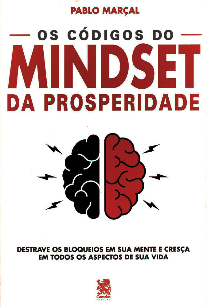 Livro Os Códigos do Mindset da Prosperidade de Pablo Marçal, capa branca com cérebro dividido em preto e vermelho. — Plenitude