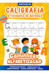 Cartilha de Caligrafia Atividades de Reforço Caminhos da Alfabetização, capa amarela com crianças e letras. — Plenitude