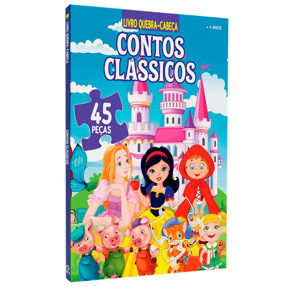 Livro Quebra-Cabeça Contos Clássicos Capa Dura, capa com princesas e personagens de contos de fadas. — Plenitude