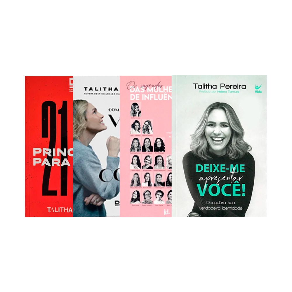 Kit Livros Talitha Pereira com três livros de capa comum: '21 Princípios para', 'Seja uma Mulher de Influência' e 'Deixe-me Apresentar Você!'. — Plenitude