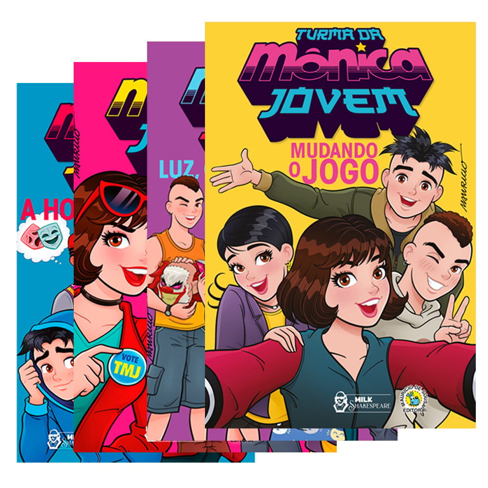 Kit de 4 Livros Turma da Mônica Jovem, com capas coloridas e personagens em estilo mangá. — Plenitude