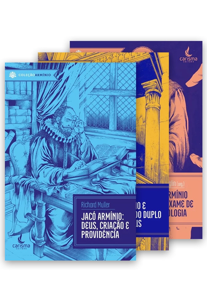 Kit de 3 livros Arminiano de Jacó Armínio, capas em tons de azul e amarelo com ilustrações clássicas. — Plenitude