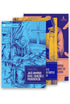 Kit de 3 livros Arminiano de Jacó Armínio, capas em tons de azul e amarelo com ilustrações clássicas. — Plenitude