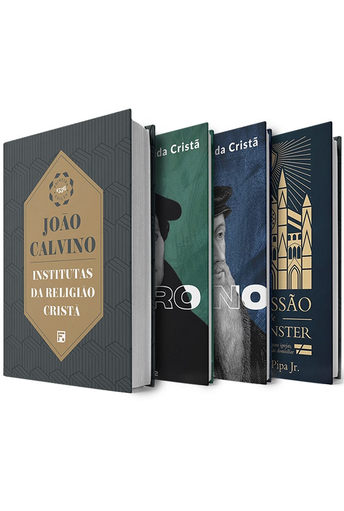 Kit Calvinista de 5 livros, com capas em tons de verde, azul e cinza, com ilustrações de João Calvino. — Plenitude