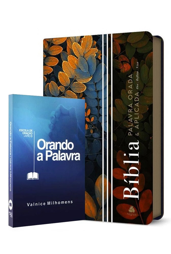 Kit de 2 livros "Oração de Ezequiel" e "Orando a Palavra" de Valnice Milhomens, capas com folhas e azul. — Plenitude