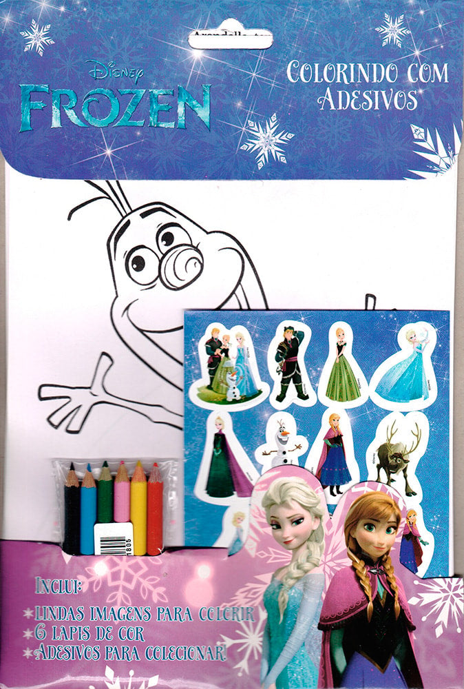 Livro de colorir: Frozen, Colorindo com Adesivos, Disney. Embalagem azul com desenho do Olaf, lápis de cor e adesivos. — Plenitude