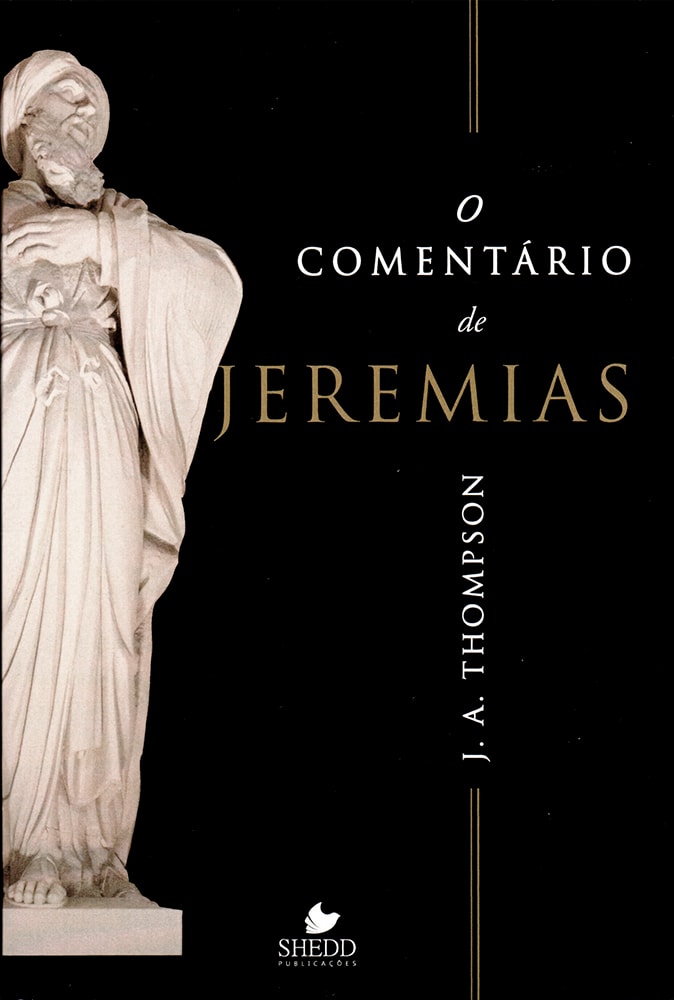 Livro O Comentário de Jeremias, de J. A. Thompson, capa preta com estátua branca de profeta. — Plenitude