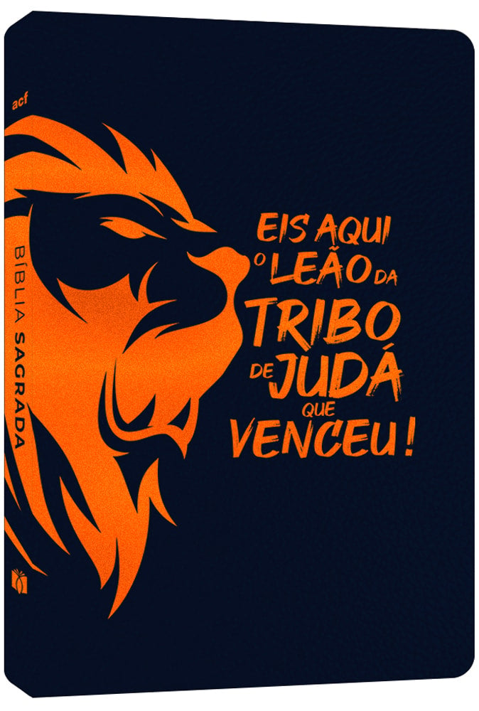 Bíblia Sagrada ACF Leão da Tribo de Judá, capa luxo azul e laranja com ilustração de leão e texto "Eis aqui o Leão da Tribo de — Plenitude