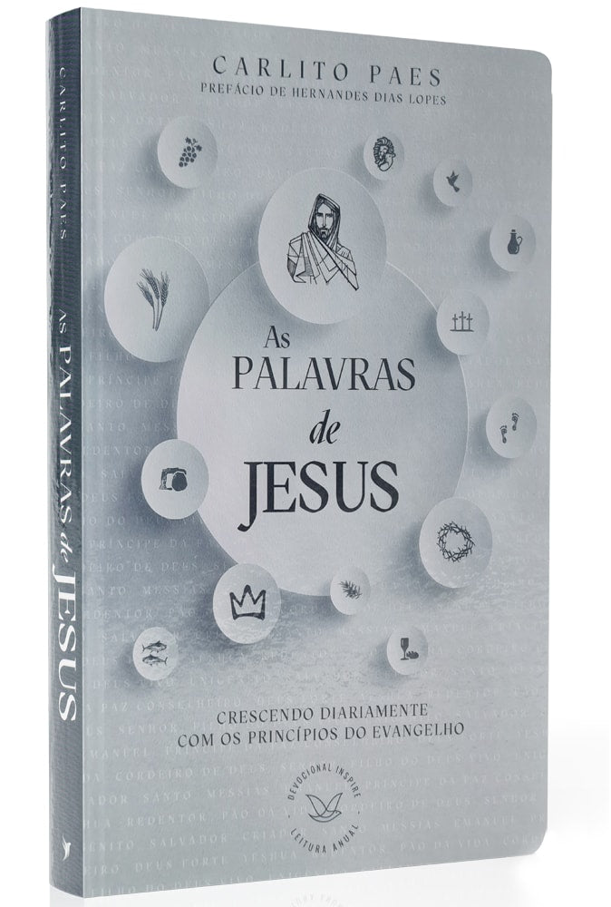 Livro Devocional As Palavras de Jesus, Carlito Paes, capa cinza com ícones e título centralizado. — Plenitude