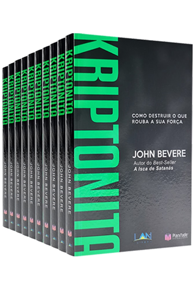 Kit 10 Livros Kriptonita, John Bevere, capa preta e verde, em fila. — Plenitude