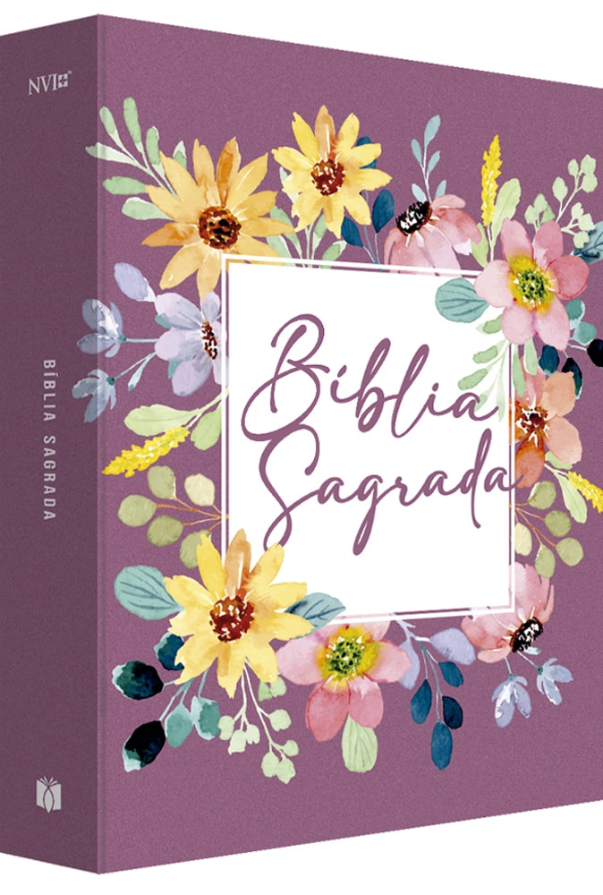 Bíblia Sagrada NVI, capa dura roxa com estampa floral aquarelada e título "Bíblia Sagrada" em caligrafia. — Plenitude