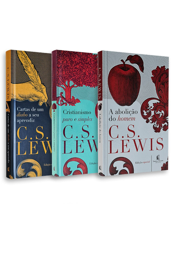Kit de 3 livros clássicos essenciais de C.S. Lewis, capa dura, com ilustrações em tons de dourado, vermelho e branco. — Plenitude