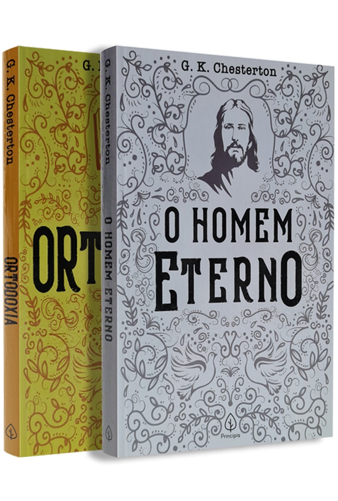 Kit Leituras Clássicas G.K Chesterton com dois livros de capa comum: 'Ortodoxia' em amarelo e 'O Homem Eterno' em cinza. — Plenitude