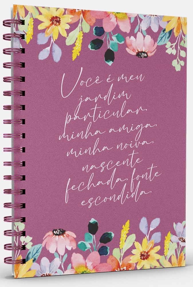 Livro Agenda Primavera Alegre, capa dura espiral roxa com ilustrações florais coloridas. — Plenitude