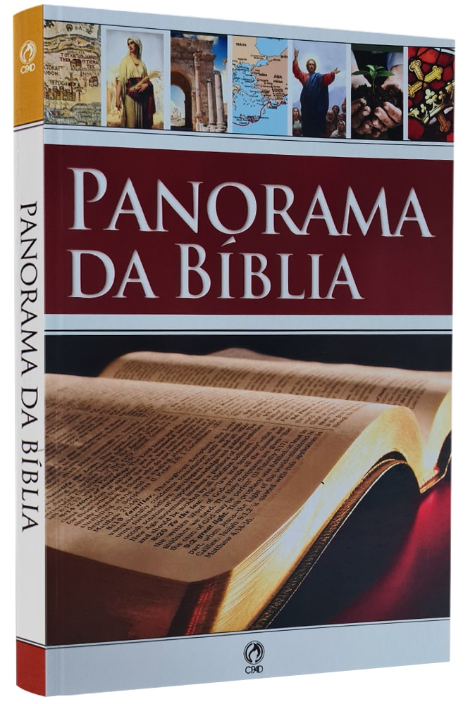 Livro Panorama da Bíblia, capa brochura vermelha com imagens bíblicas e bíblia aberta. — Plenitude