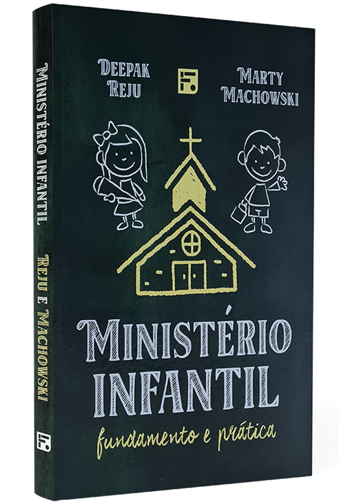 Capa do livro Ministério Infantil de Deepak Reju e Marty Machowski. Capa preta com ilustrações douradas de igreja e crianças. — Plenitude