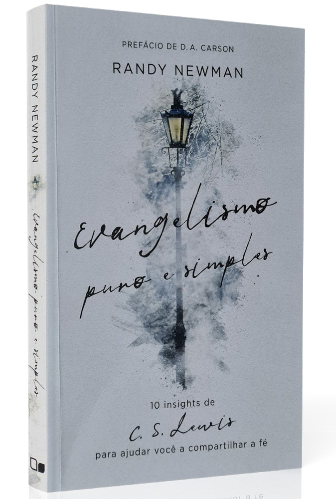 Livro Evangelismo Puro e Simples, de Randy Newman, capa cinza com ilustração de poste de luz. — Plenitude