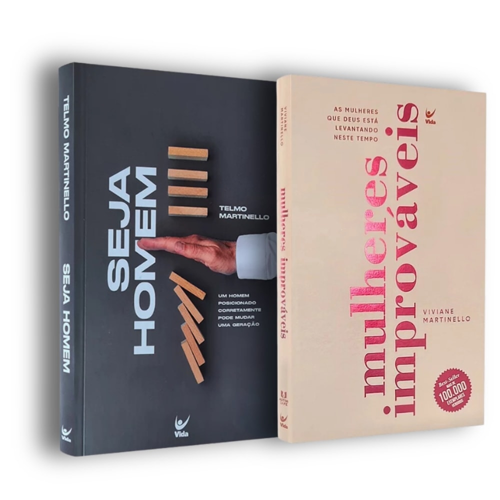 Kit Livros Telmo e Viviane Martinello com dois livros de capa comum: 'Seja Homem' em preto e 'Mulheres Improváveis' em rosa. — Plenitude