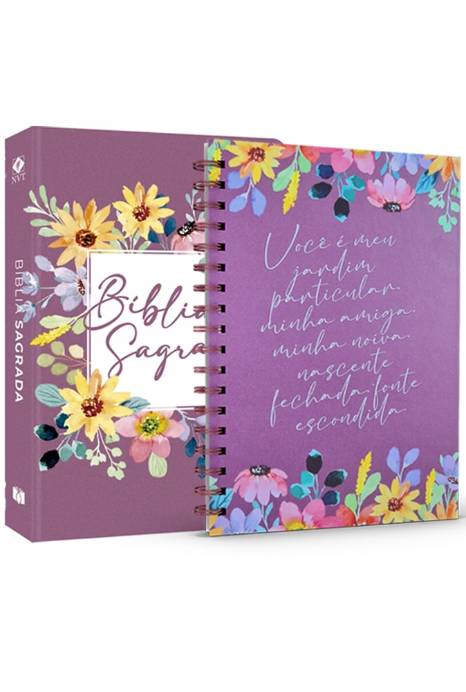 Kit Bíblia NVT e Agenda Primavera Alegre, capas roxas com arranjos florais coloridos. — Plenitude