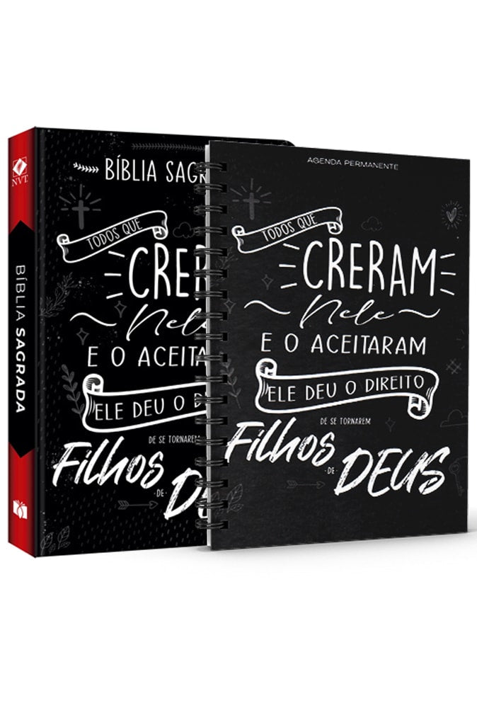 Kit Bíblia NVT e Agenda Lettering, capas pretas com lettering branco e detalhes em espiral. — Plenitude