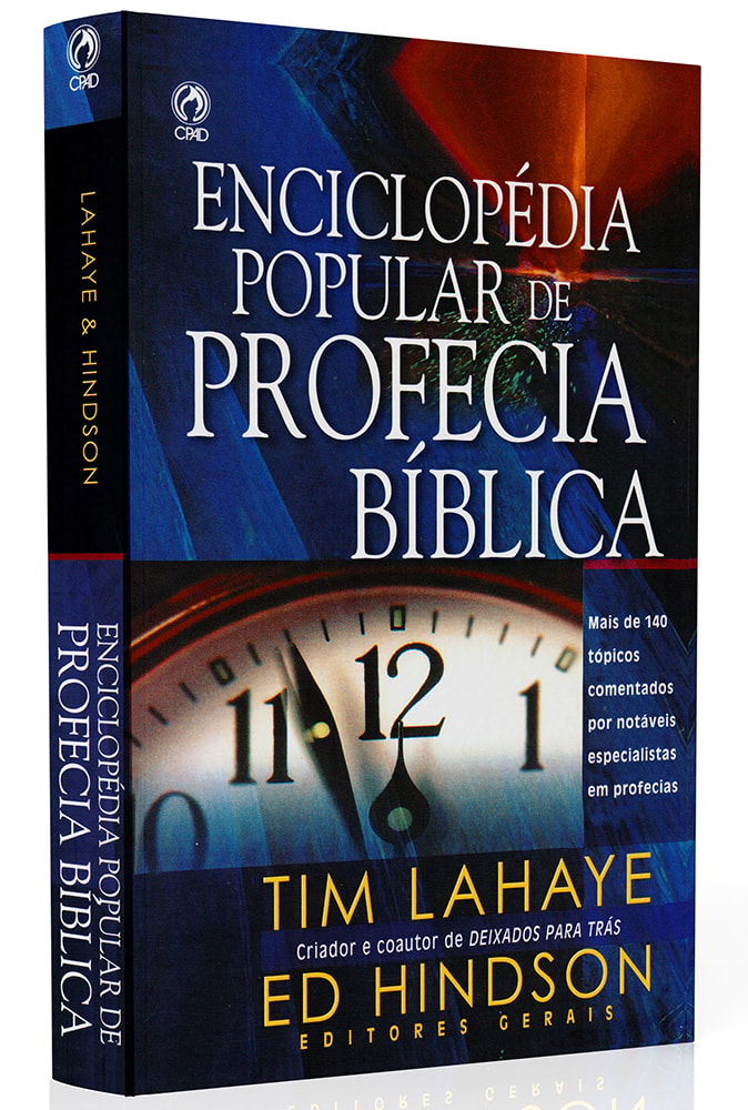 Livro Enciclopédia Popular de Profecia Bíblica, de Tim Lahaye e Ed Hindson, capa azul escura com relógio. — Plenitude