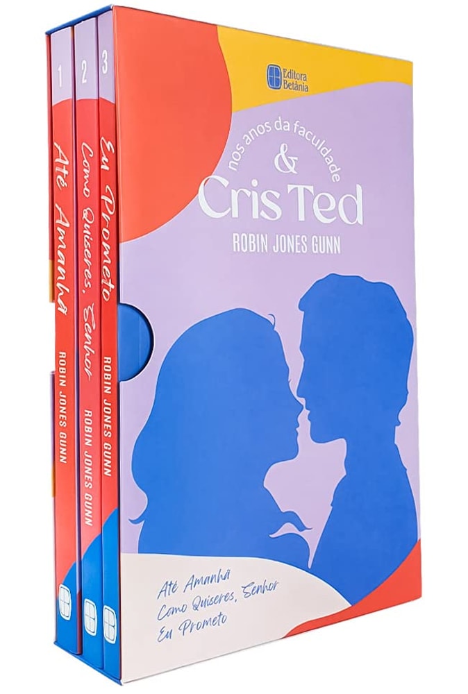 Box Cris e Ted, com três livros e capa colorida com silhuetas de casal. — Plenitude