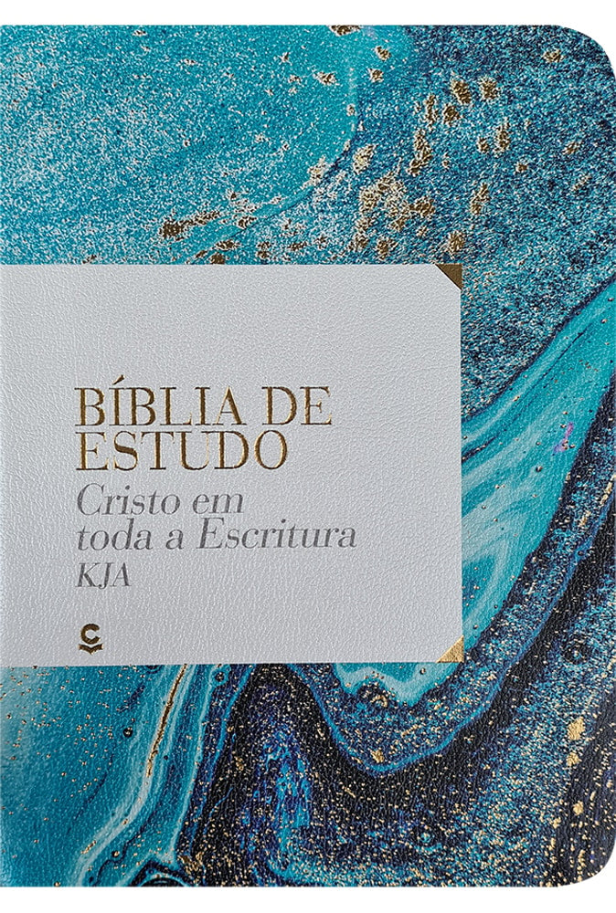 Bíblia de Estudo Cristo em Toda a Escritura KJA, capa azul marmorizada com detalhes dourados. — Plenitude
