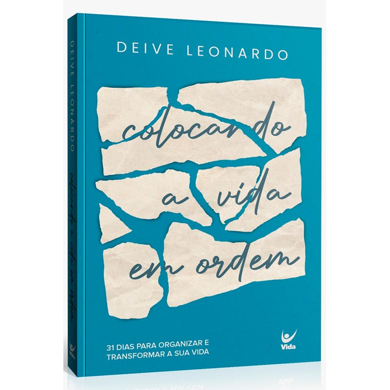 Capa do livro Devocional Colocando a Vida em Ordem, de Deive Leonardo, com fundo azul e pedaços de papel. — Plenitude