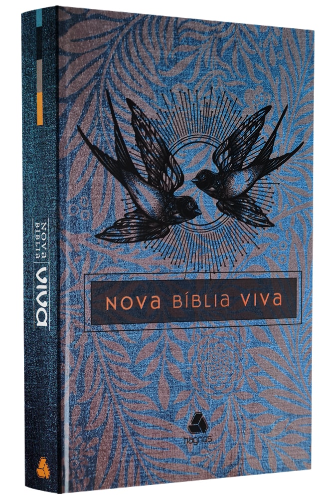 Bíblia Nova Viva capa dura azul e marrom com estampa de folhagens e dois pássaros, versão NBV. — Plenitude