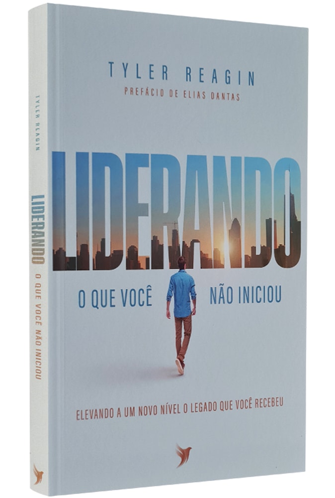 Livro Liderando o que Você não Iniciou, capa branca com imagem de homem olhando para cidade. — Plenitude