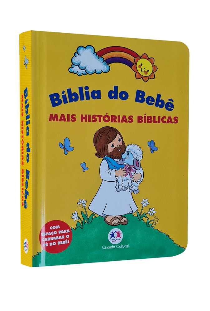 Livro Bíblia do Bebê Mais Histórias Bíblicas, capa amarela com Jesus e ovelha. — Plenitude