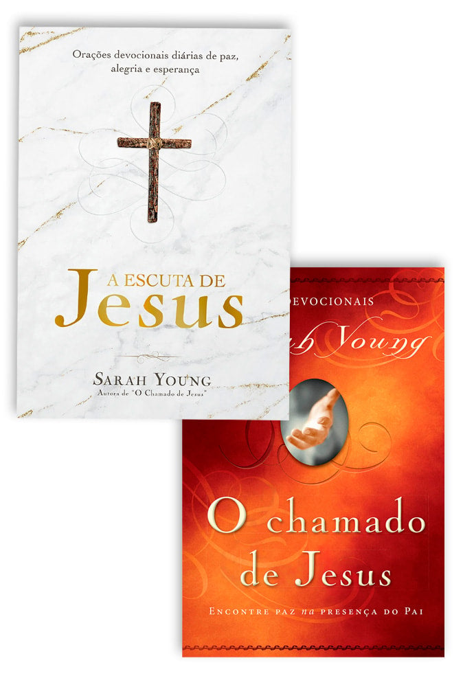 Kit de Livros Sara Young: Dois livros, um branco "A Escuta de Jesus" com cruz dourada e outro vermelho "O Chamado de Jesus". — Plenitude