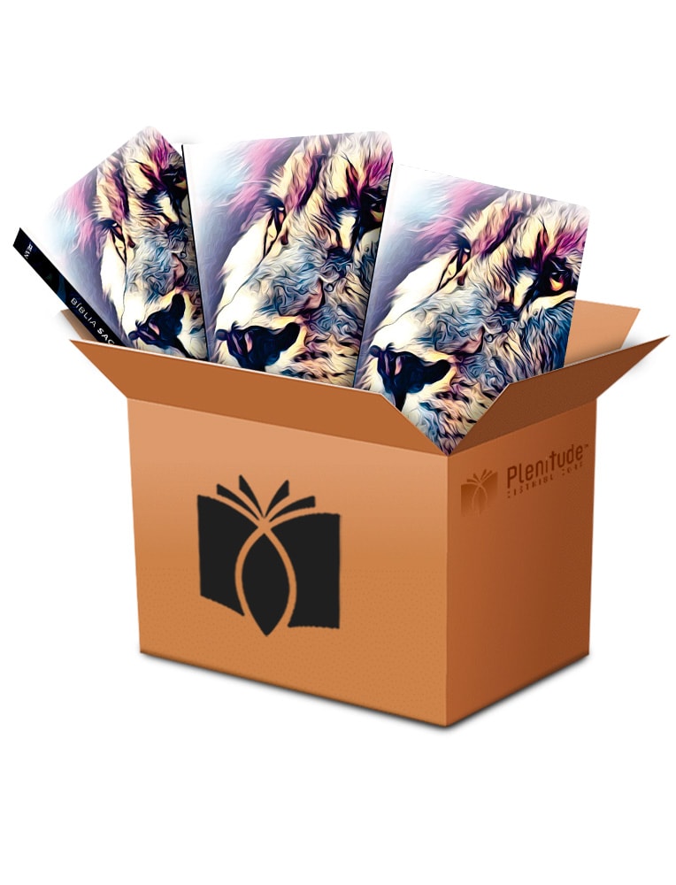 Kit de 10 Bíblias Sagradas Leão Consumado NVI, capa flexível com imagem de leão colorido. — Plenitude