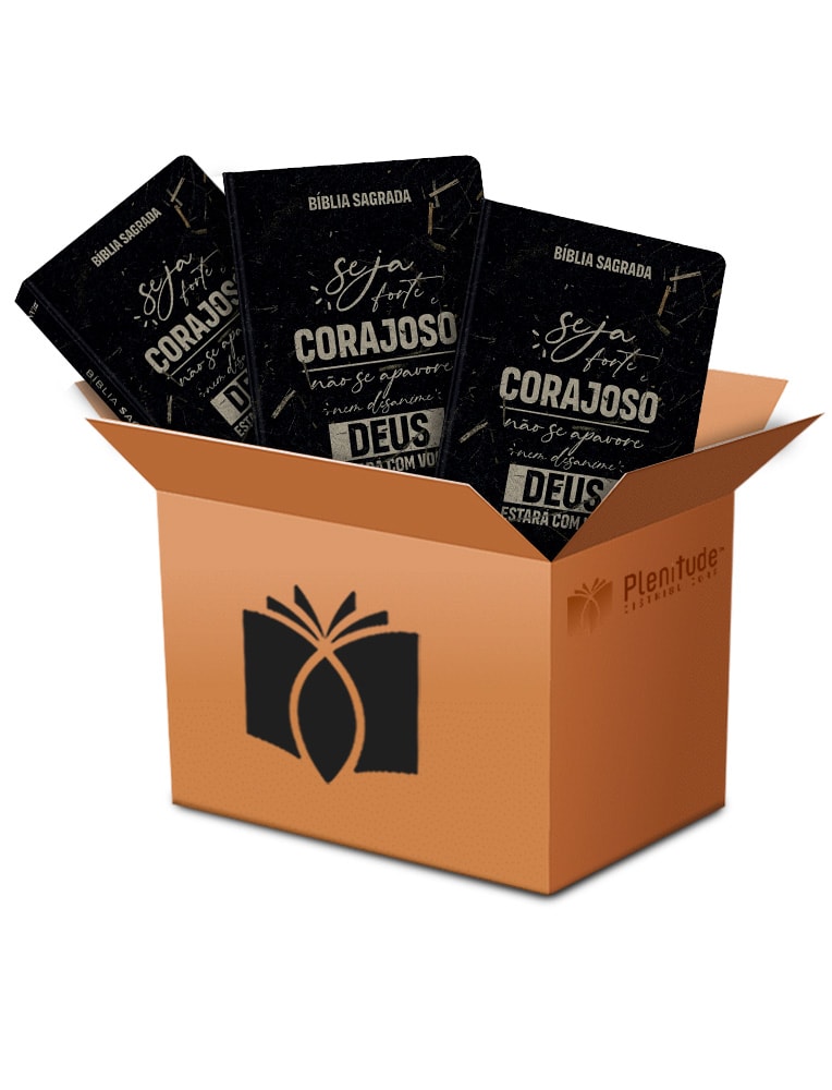 Kit de 10 Bíblias Seja Forte e Corajoso, NVI, Letra Normal, Flexível. Bíblias pretas com frase motivacional. — Plenitude