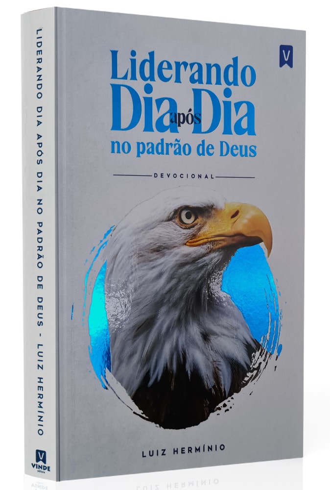 Livro Devocional Liderando Dia após Dia de Luiz Hermínio, capa branca com águia e detalhes em azul. — Plenitude