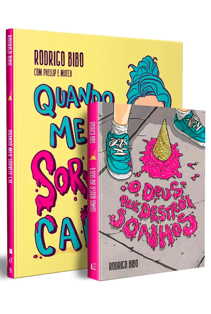 Kit O Deus que Destrói Sonhos Rodrigo Bibo com dois livros de capa comum: 'Quando Meu Sorvete Cai' em amarelo e 'O Deus que Destrói Sonhos' em rosa. — Plenitude
