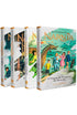 Kit de 4 livros As Crônicas de Nárnia de C. S. Lewis, capas brancas com ilustrações de cenas dos livros. — Plenitude